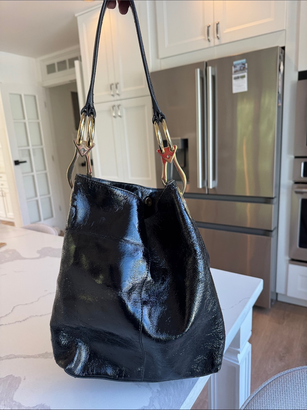 JPK Paris 75 Black Patent Crinkle leather hobo handbag purse gold hardware